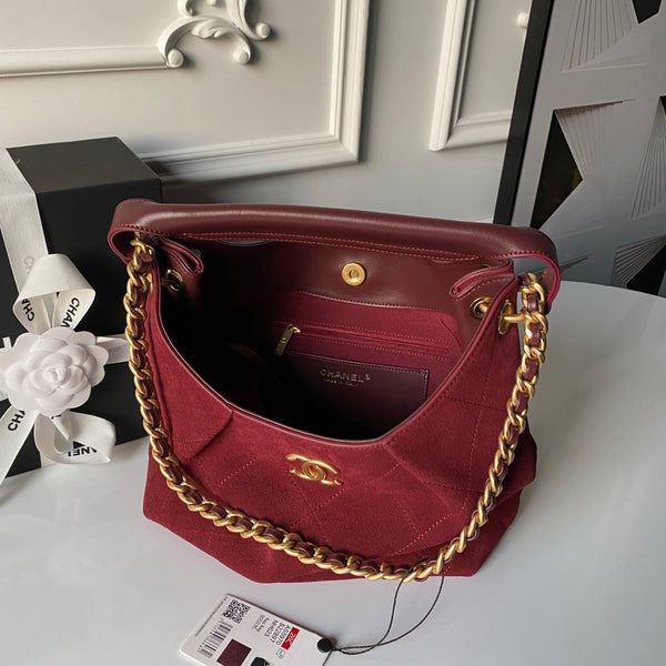 Chanel 2025 Hobo Bag 31cm Red Suede With Gold Hardware 320285