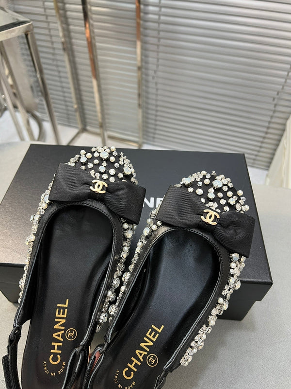 slingback flat black bowl silk diamond buckle