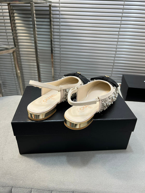 slingbacks flat beige bowl silk diamond buckle