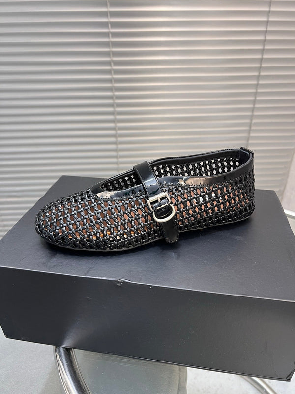 Alaia Braided Hollow Ballet Flats Black Cowhide 300041