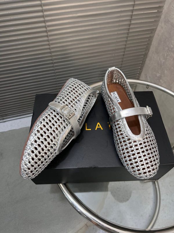 Alaia Braided Hollow Ballet Flats Silver Cowhide 300042