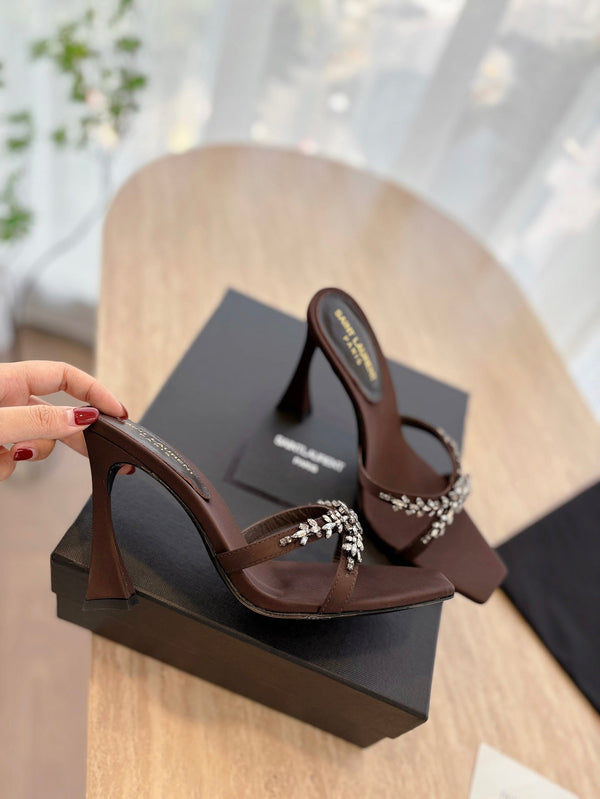RAV HIGH HEEL 10 CM EMBELLISHED CHOCOLATE BROWN SATIN MULES