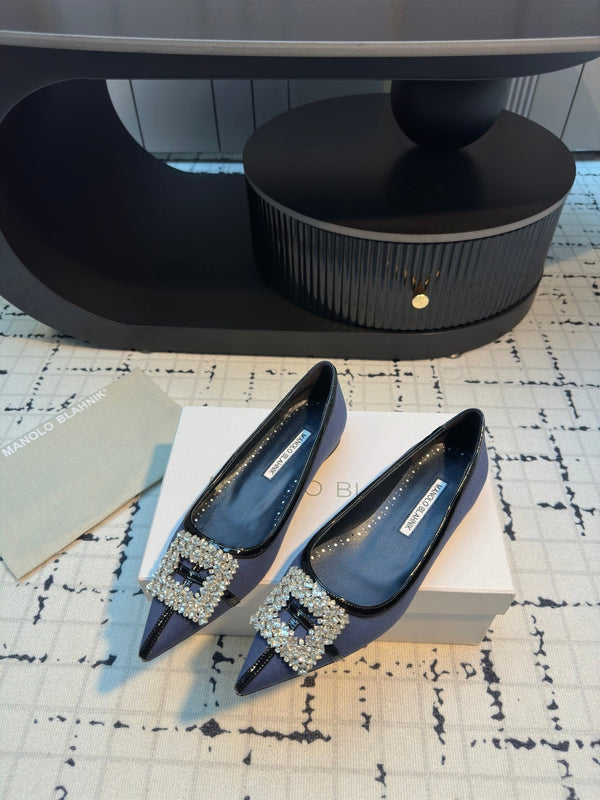 Hangisi 10mm Ballet Flat Dark Blue Linen with Black Leather Jewel Buckle 161059