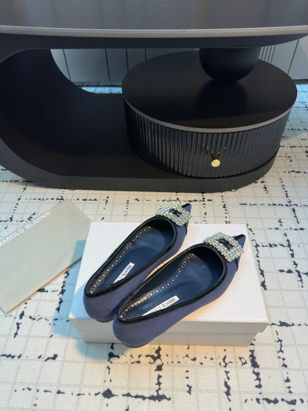 Hangisi 10mm Ballet Flat Dark Blue Linen with Black Leather Jewel Buckle 161059