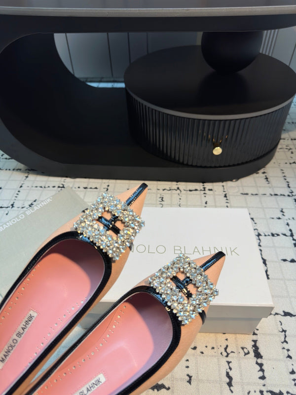 Hangisi 10mm Ballet Flat Pink Linen with Black Leather Jewel Buckle 161060