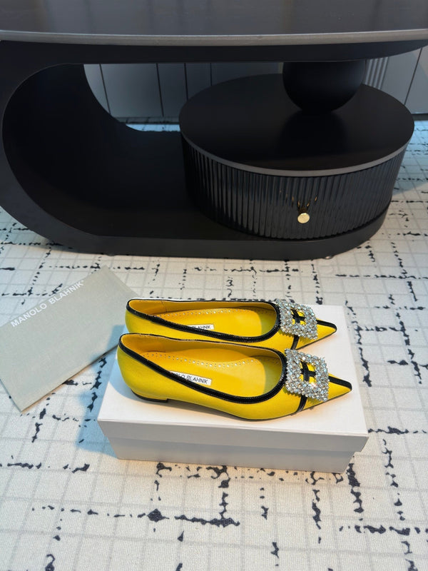 Hangisi 10mm Ballet Flat Yellow Linen with Black Leather Jewel Buckle 161061