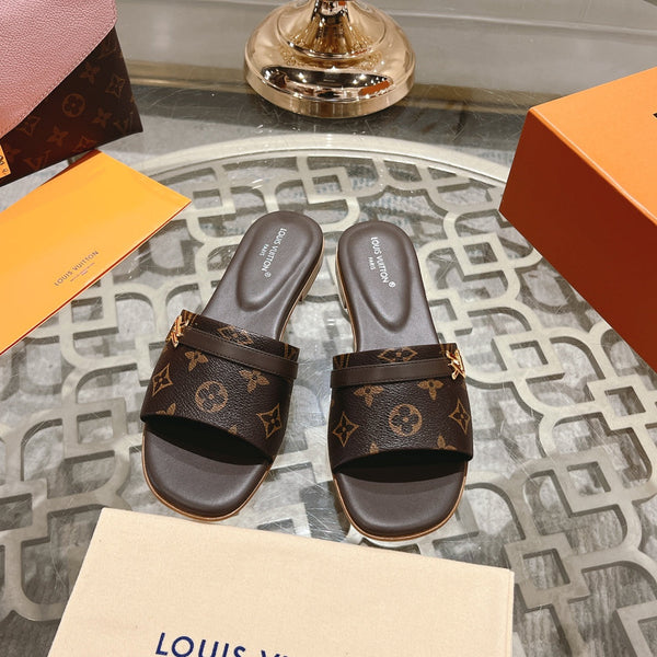 lv sandal isola flat mule dark brown monogram calfskin