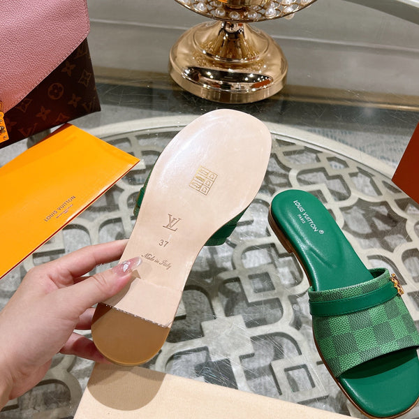 lv sandal isola flat mule green damier calfskin