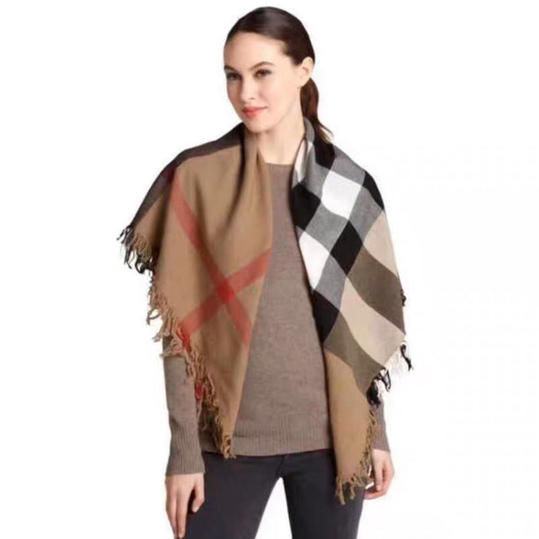 REVERSIBLE CHECK 140 CM WOOL SILK SCARF CAMEL BEIGE 408964