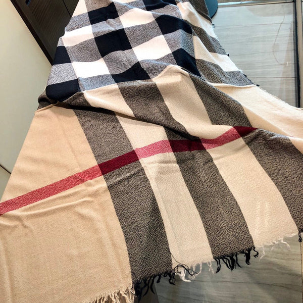REVERSIBLE CHECK 140 CM WOOL SILK SCARF CAMEL BEIGE 408964