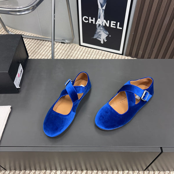 Alaila Criss Cross Ballet Flats In Blue Velvet 996045