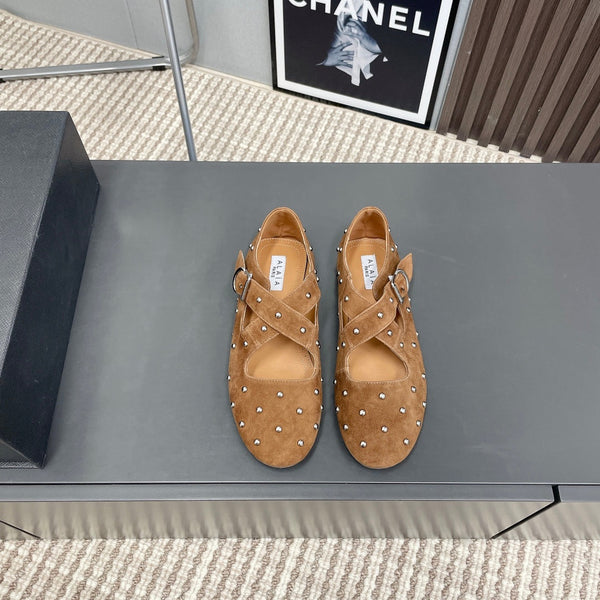Alaia 2025 Criss Cross With Stud Ballet Flats Brown Beige Suede 293207