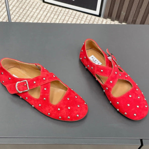 Alaia 2025 Criss Cross With Stud Ballet Flats Red Suede 293214