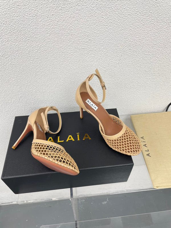 ALAIA HIGH FISHNET 9 CM PUMPS IN EGG NOG MESH