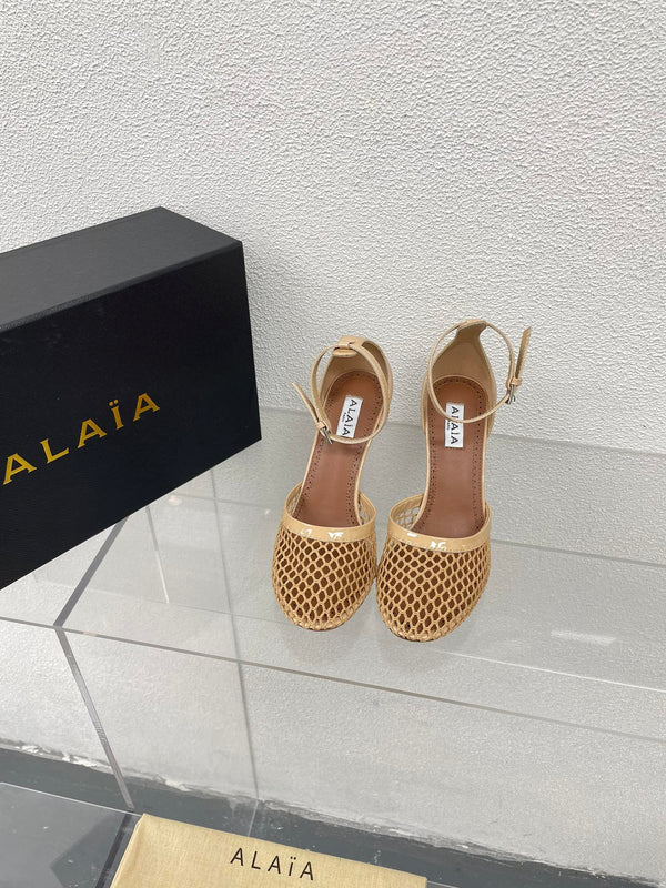 ALAIA HIGH FISHNET 9 CM PUMPS IN EGG NOG MESH