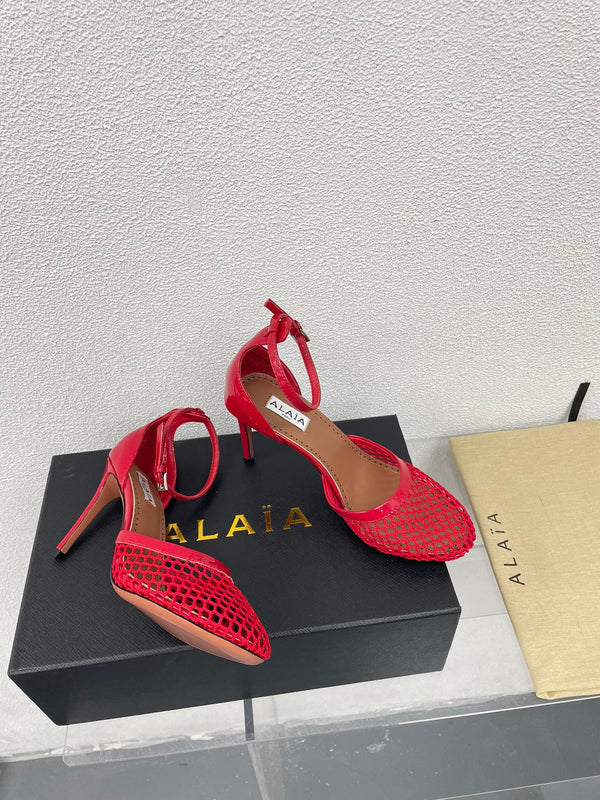 ALAIA HIGH FISHNET 9 CM PUMPS IN CHERRY RED MESH