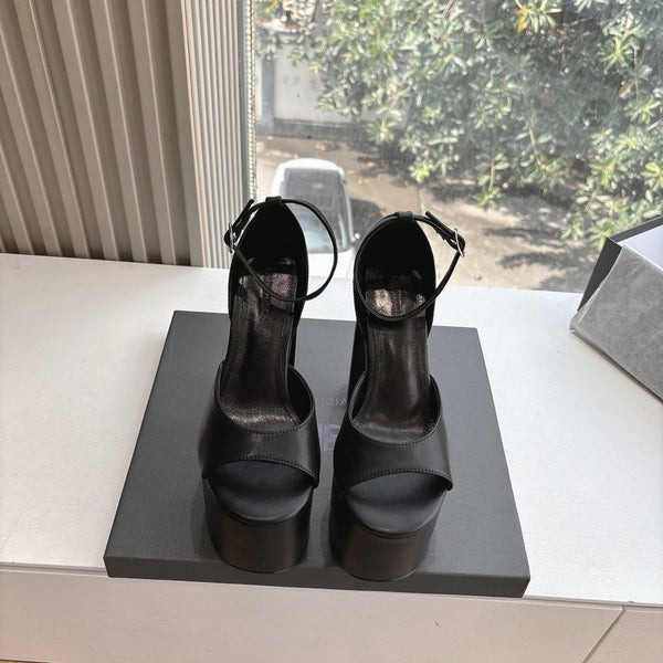PLATFORM ANKLE STRAP HEELS IN BLACK SMOOTH CALFSKIN