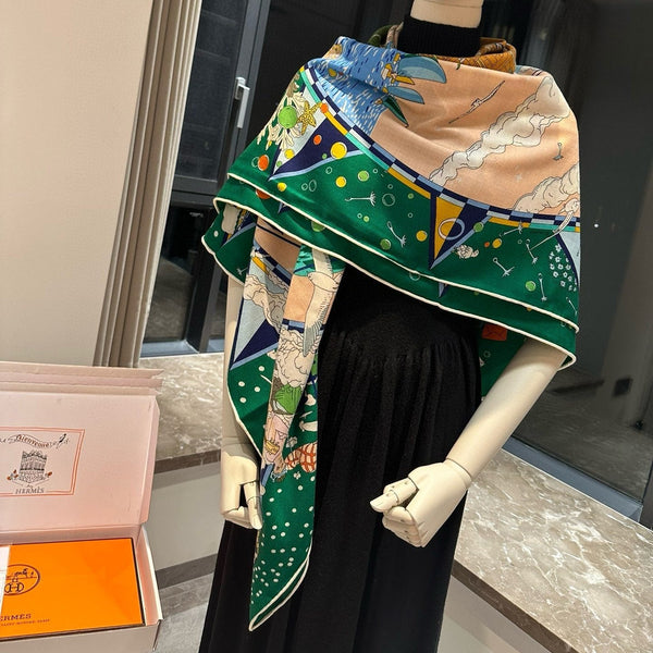 Flagship Scarf 140 CM In Dark Green Colorful Cashmere And Mulberry Silk 376506