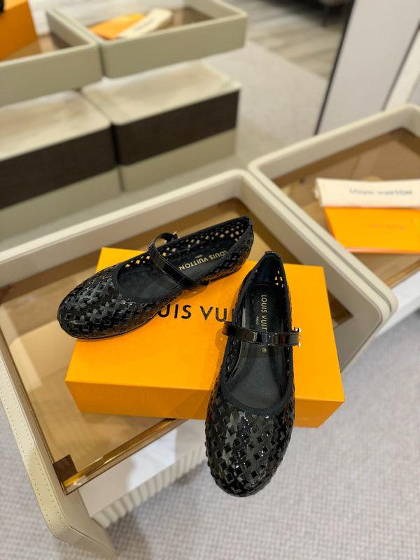 Romy Flat Ballerina Black Perforated Patent Calf Leather 241233