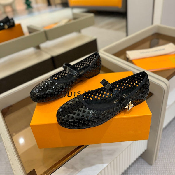Romy Flat Ballerina Black Perforated Patent Calf Leather 241233
