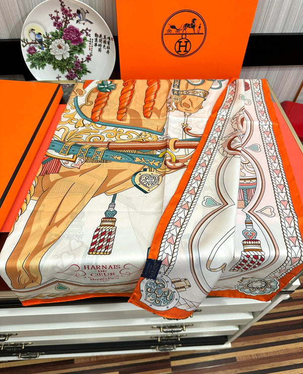Carré Harnais De Cœur Scarf 90 CM In Orange Colorful Silk 306470