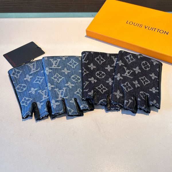 FINGERLESS GLOVES IN BLACK MONOGRAM DENIM AND LAMBSKIN 460108