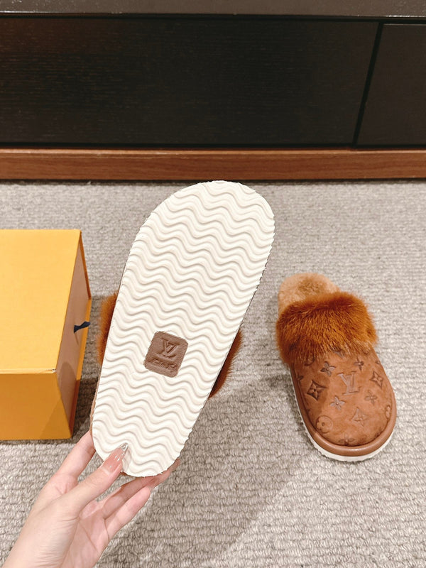 LV Flat Mule Brown With Fur Monogram Suede
