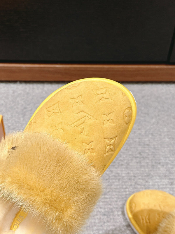 LV Flat Mule Yellow With Fur Monogram Suede