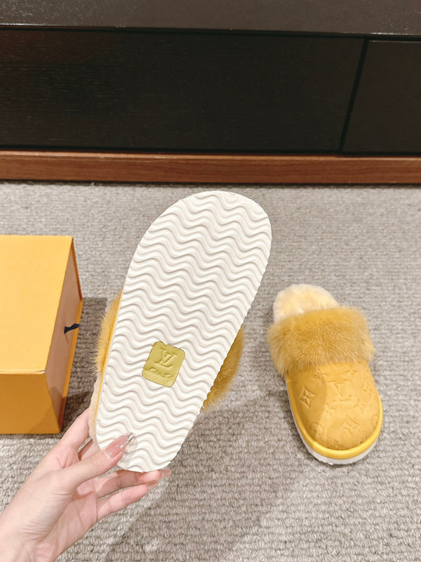 LV Flat Mule Yellow With Fur Monogram Suede