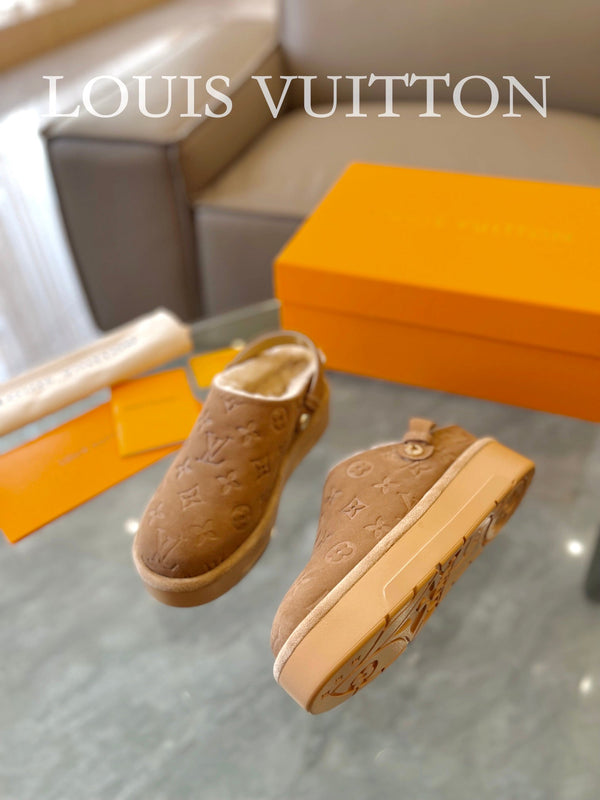 LV Aspen Platform Clog Light Brown Monogram Suede