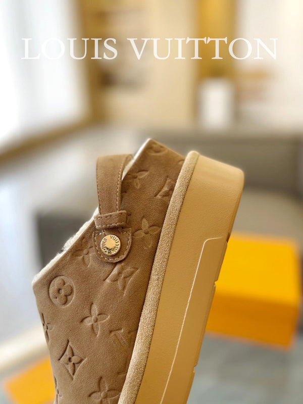 LV Aspen Platform Clog Light Brown Monogram Suede