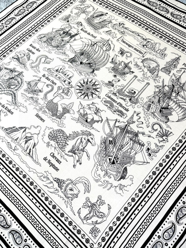 Tatouages Marins Bandana Shawl 135 CM Black White Cashmere And Silk 401091