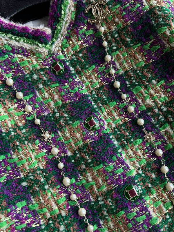 Chanel 2025 Plaid Tweed Jacket Green Wool Polyester 325361