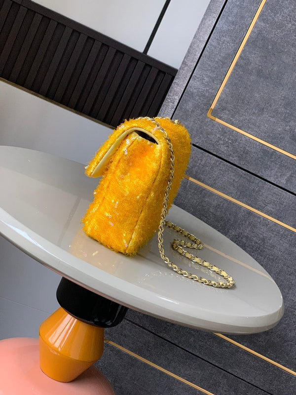 CC 25S Flap Bag 20cm Yellow Fringed Sequin Calfskin