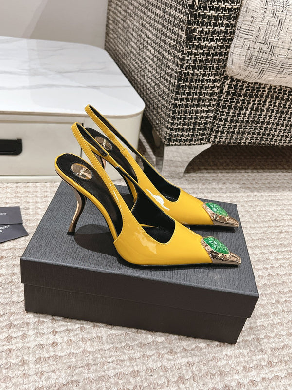 DUNE HIGH 10 CM SLINGBACK PUMPS IN CLASSIC YELLOW PATENT LEATHER WITH CRYSTAL