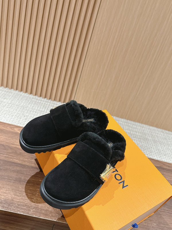 LV Cosy Flat Comfort Clog Black Fur Lining Suede