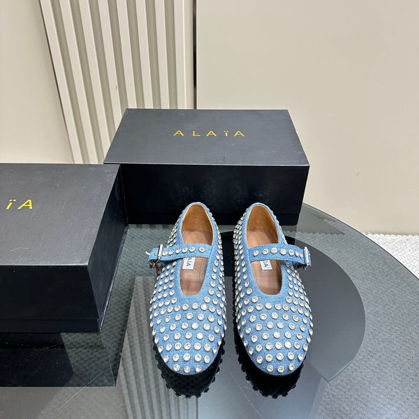 ALAIA CRYSTAL EMBELLISHED BALLET FLATS IN LIGHT BLUE DENIM