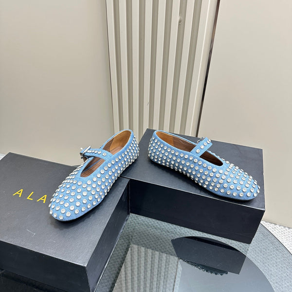 ALAIA CRYSTAL EMBELLISHED BALLET FLATS IN LIGHT BLUE DENIM