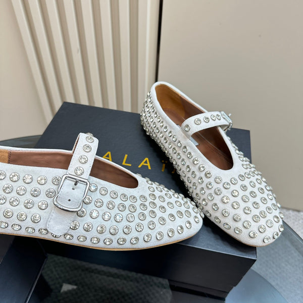 Alaia Strass Suede Ballet Flats In White 999322