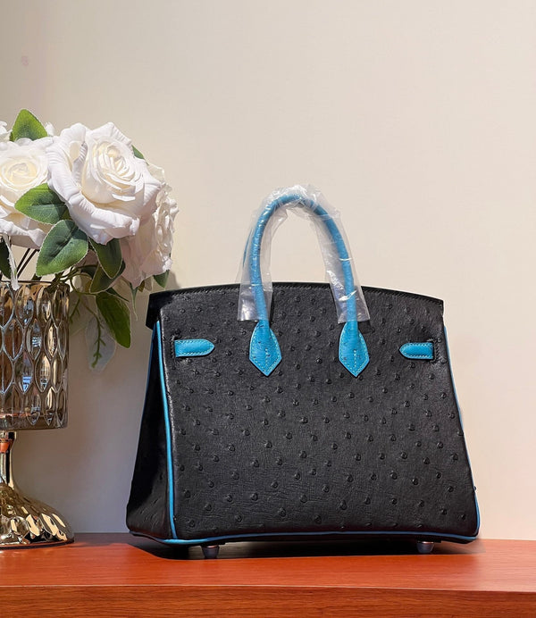 KELLY SELLIER 25 BAG IN BLACK MIX OCEAN BLUE OSTRICH LEATHER (MADE - TO - ODER)