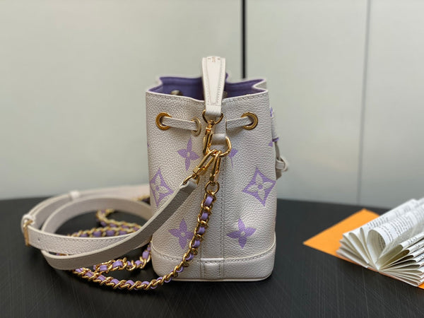 nano noe 13 cream purple monogram calfskin gold hardware