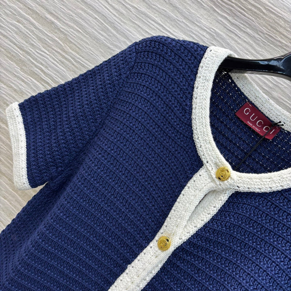 Gucci 25 Knitted Short-sleeved Cardigan Navy Blue Cotton