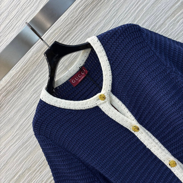 Gucci 25 Knitted Short-sleeved Cardigan Navy Blue Cotton