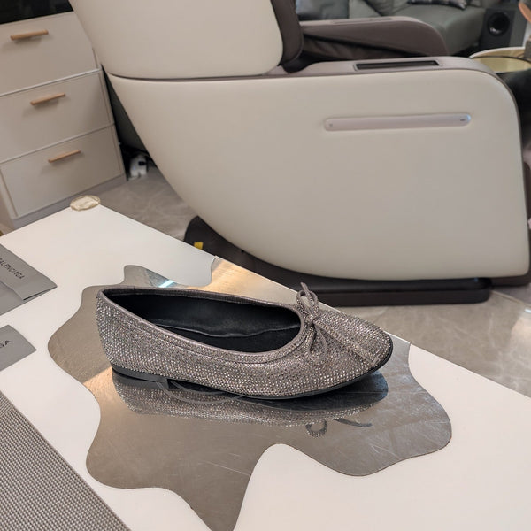 RHINESTONE BALLET FLATS WITH BOW IN GRAY SHEEPSKIN