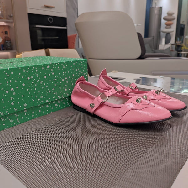 STUDDED MARY JANE FLATS IN SEA PINK SHINY LAMBSKIN