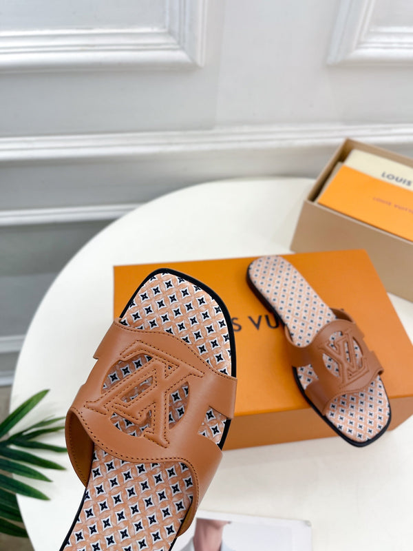 lv sandal isola flat mule brown calfskin star monogram