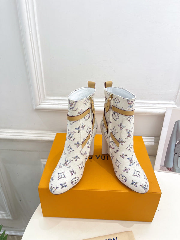 LV Silhouette Ankle Boots 100mm White Monogram Jacquard Fabric